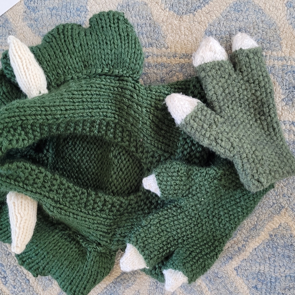 Green Dinosaur Knit Gloves for Kids